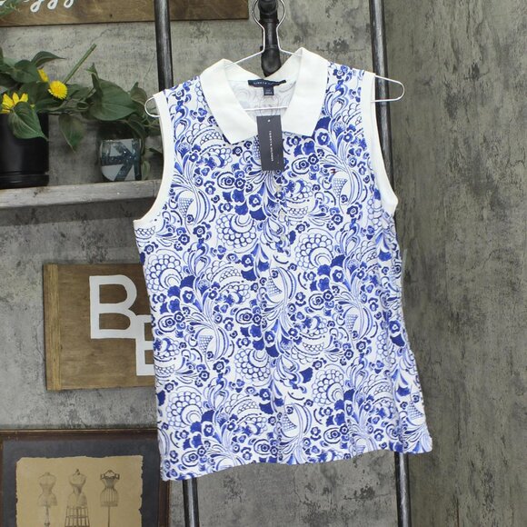 NWT Tommy Hilfiger Sleeveless Fountain Floral Polo Shirt Provence Multi Blue L - Picture 4 of 8